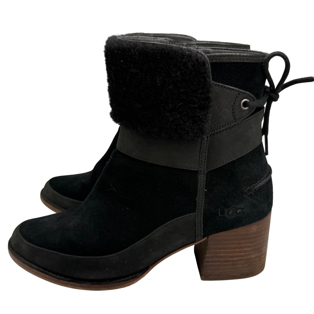 UGG Kara Black Suede Shearling Ankle Boots 10 Block Heel‎ Zip Tie Winter Cozy